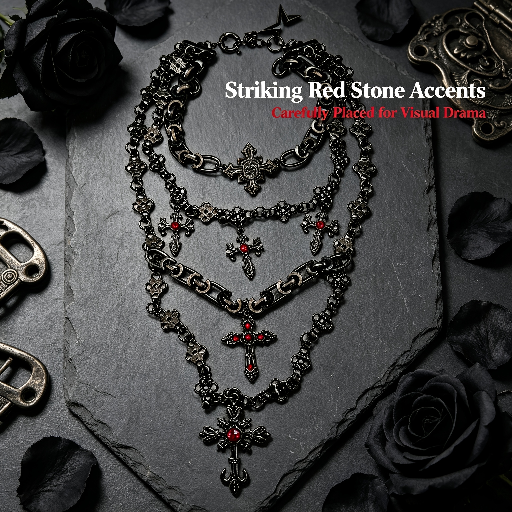 Women's Antique Black Gunmetal Multi-Layer Cross Necklace
